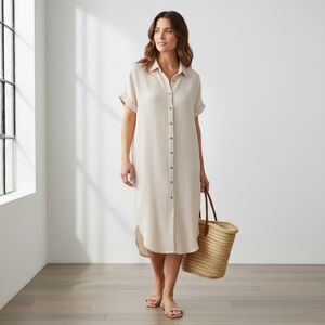 Womens Oversized Shirt Dress M Nude Pink Textured Gauze Button Down Side Slits